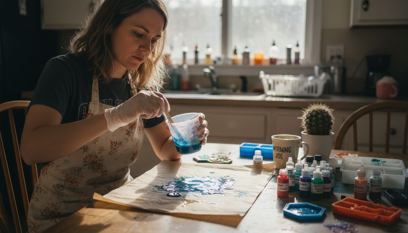 Artist mixing epoxy resin at kitchen table
