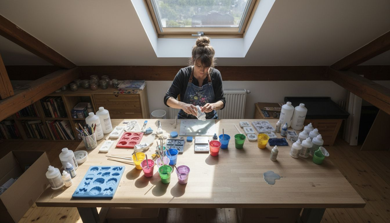 Artist preparing resin casting supplies in studio
