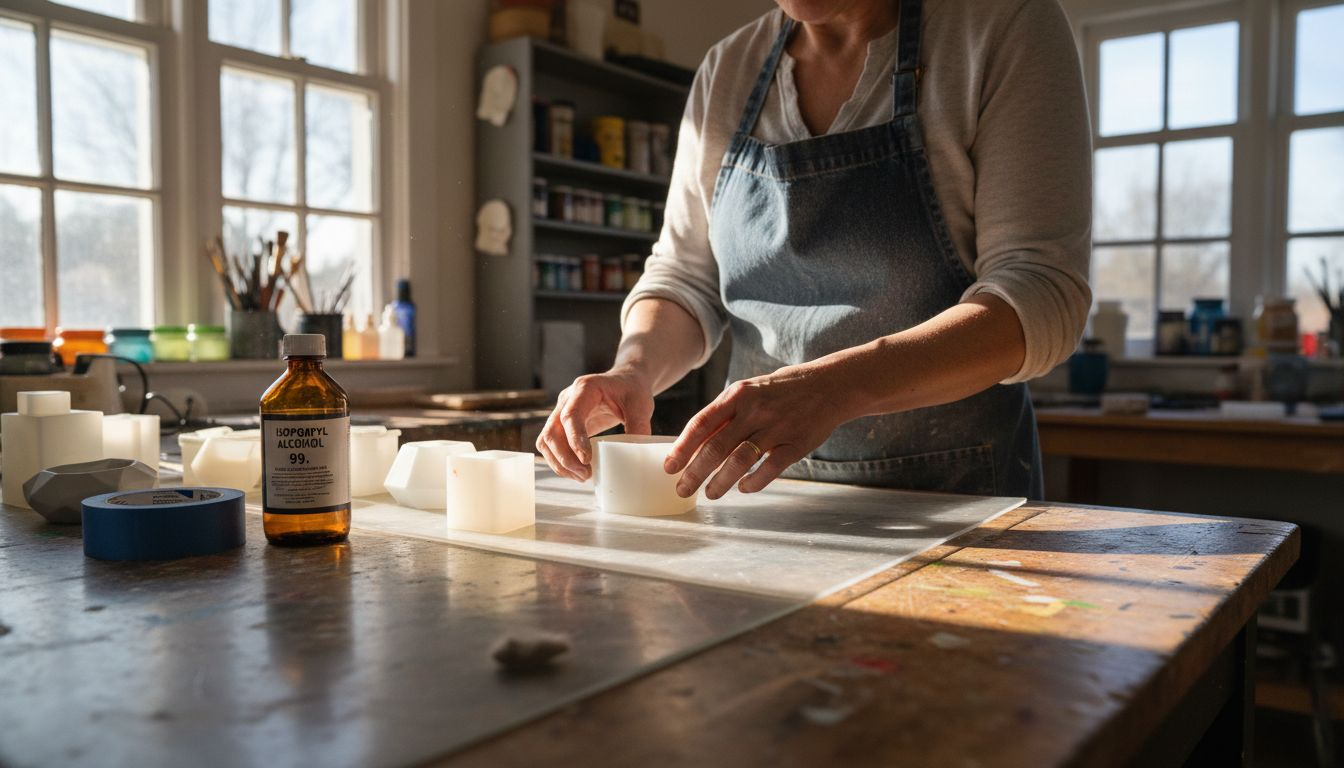Person preparing resin molds on craft table