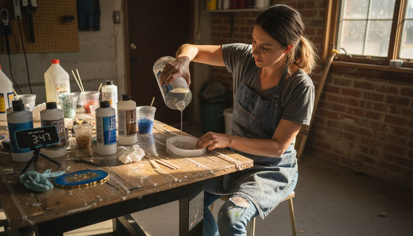 Artist at cluttered resin workstation pouring resin