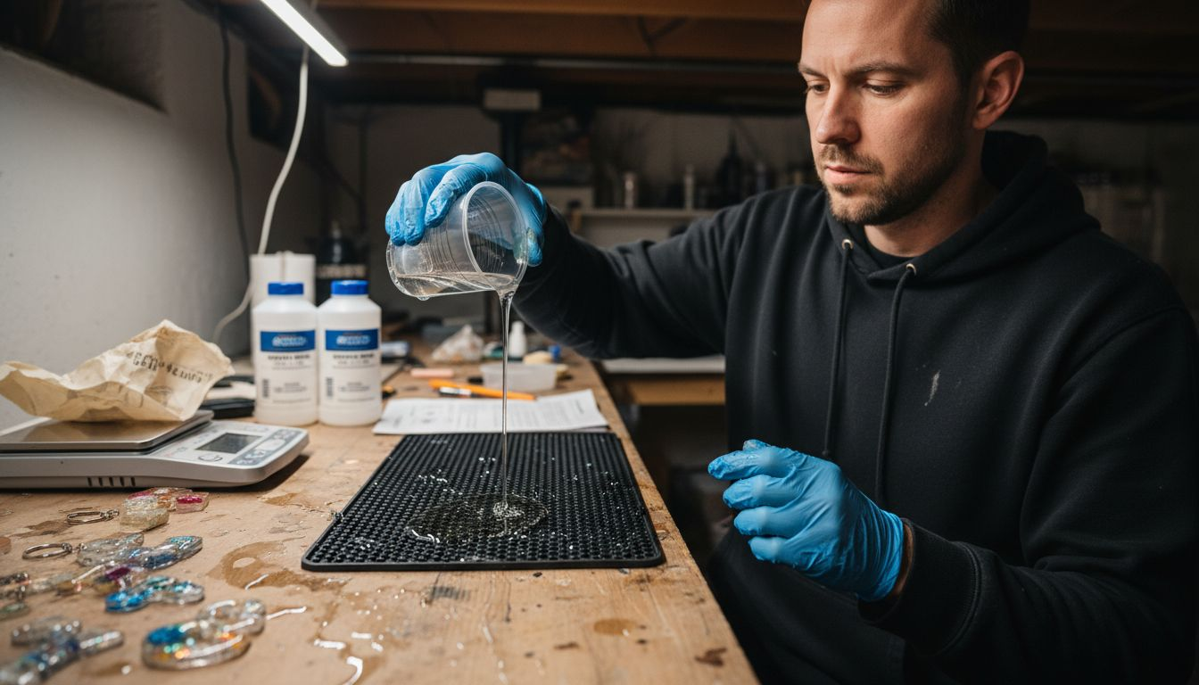 Man testing resin viscosity in basement workspace