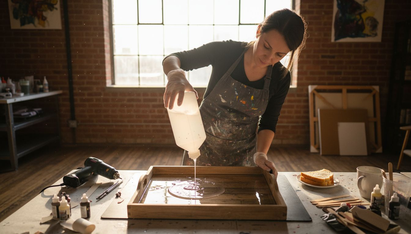 Artist pouring epoxy resin over wood tray