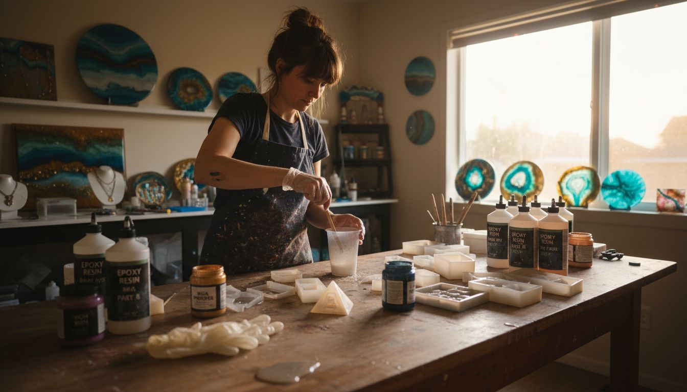 Resin artist mixing epoxy at art studio table