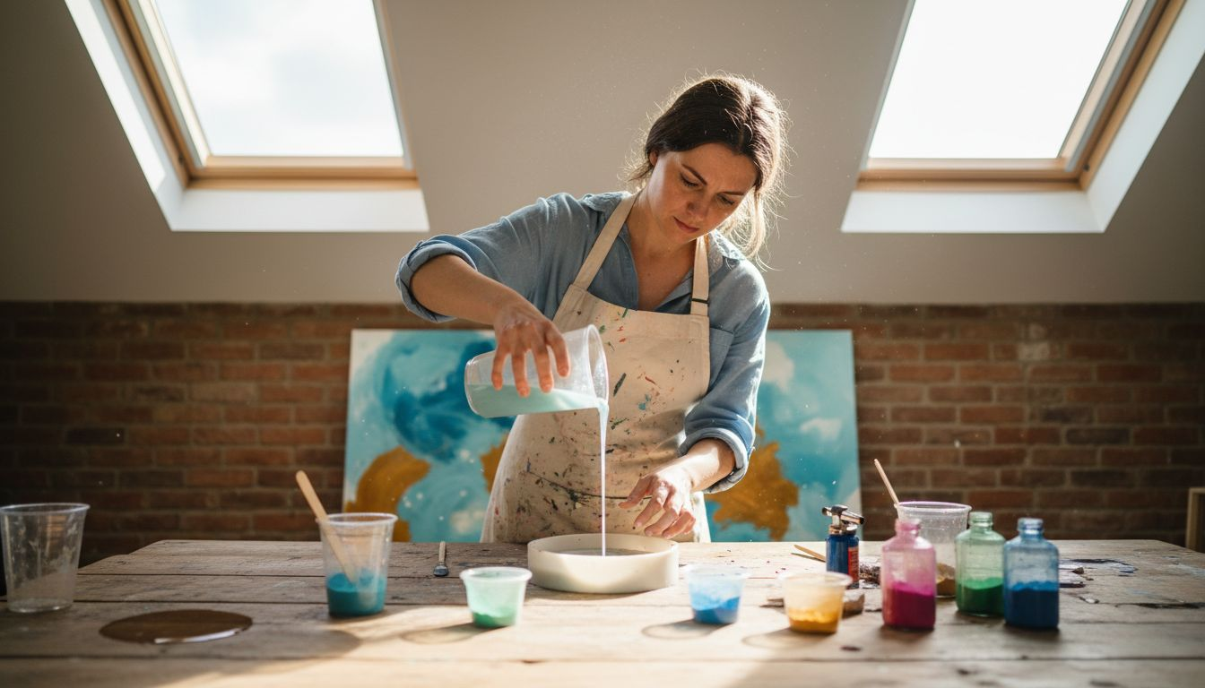 Artist pouring resin in attic workspace