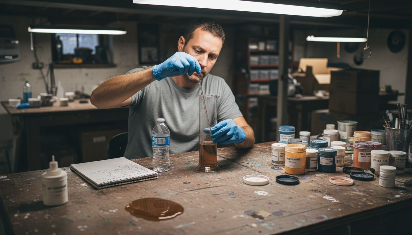 Artist mixes resin additives in workspace