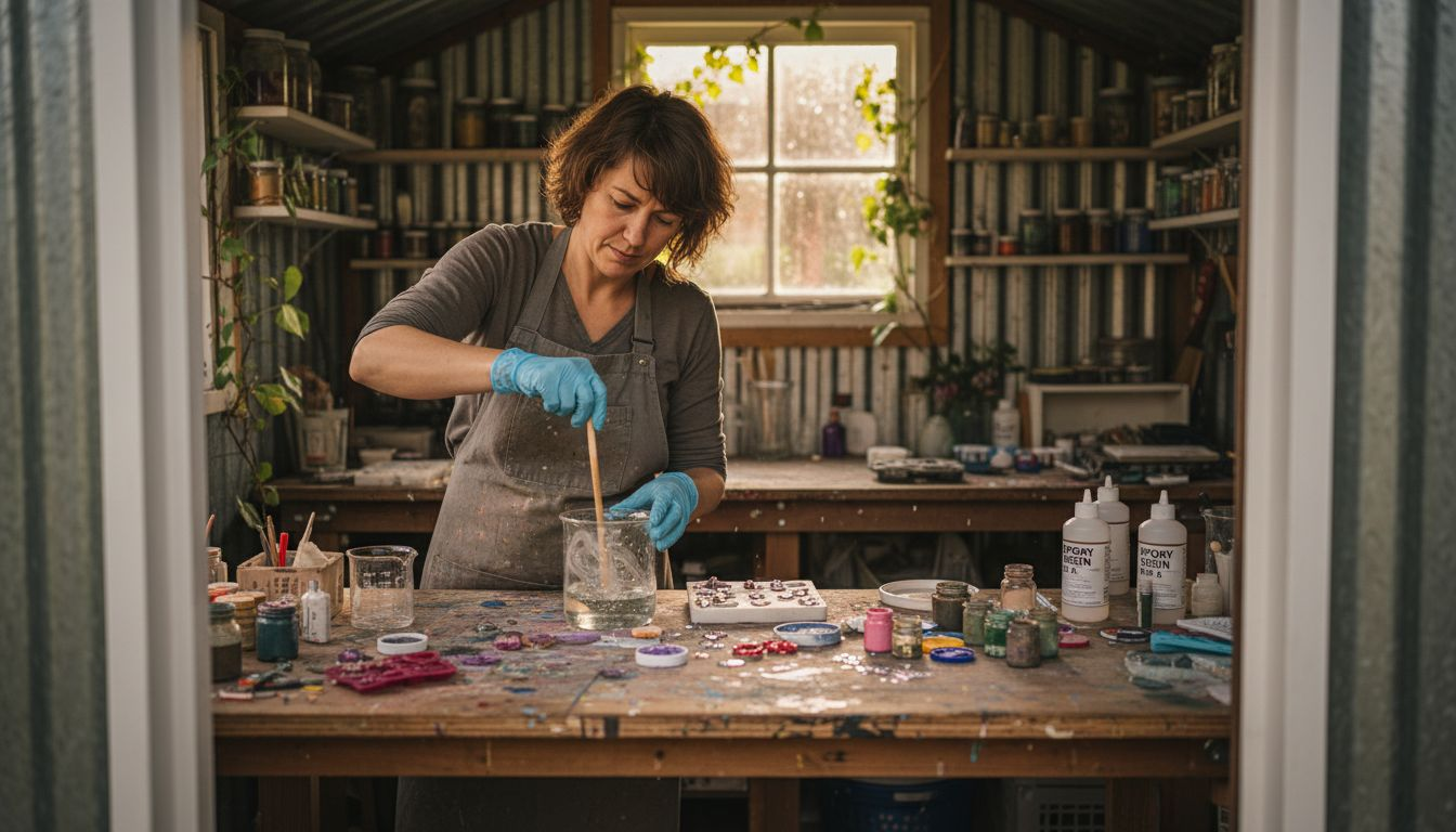 Artisan mixing resin in garden studio