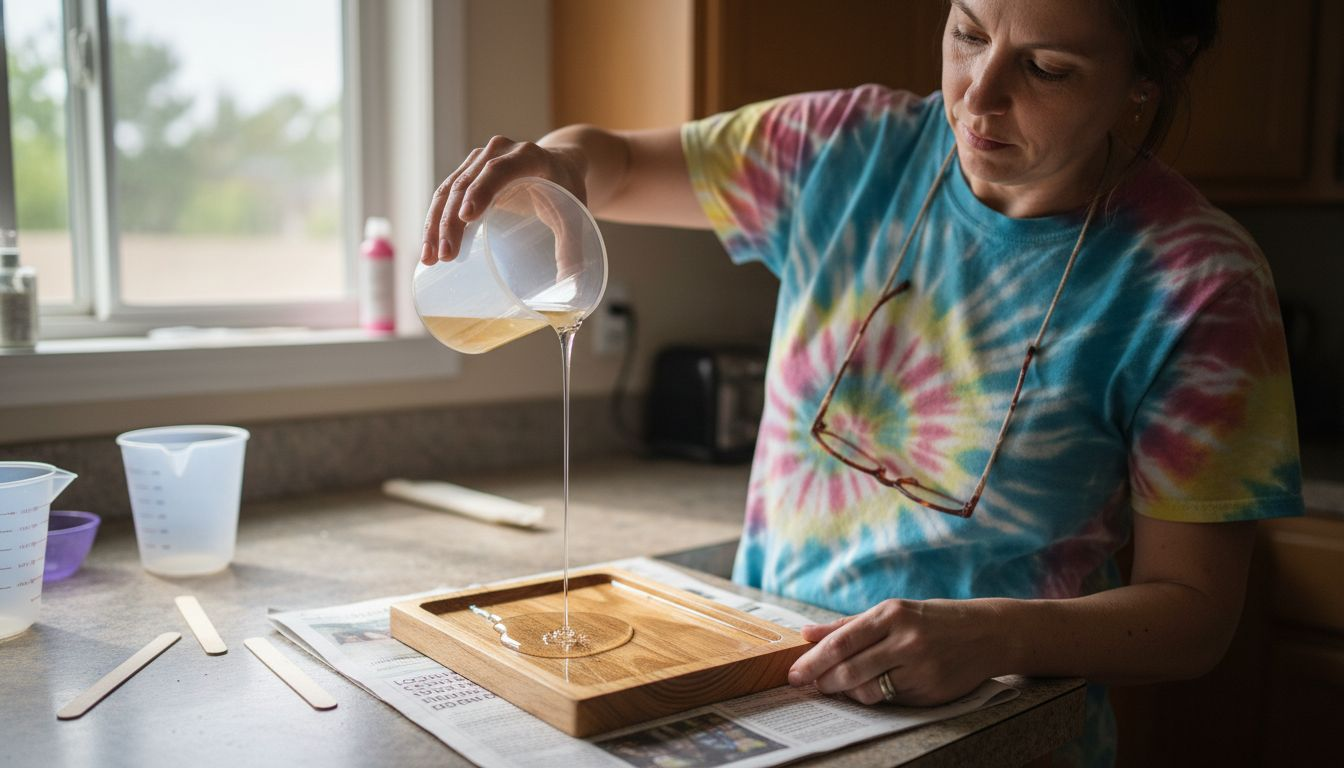 Woman pouring epoxy resin onto wood