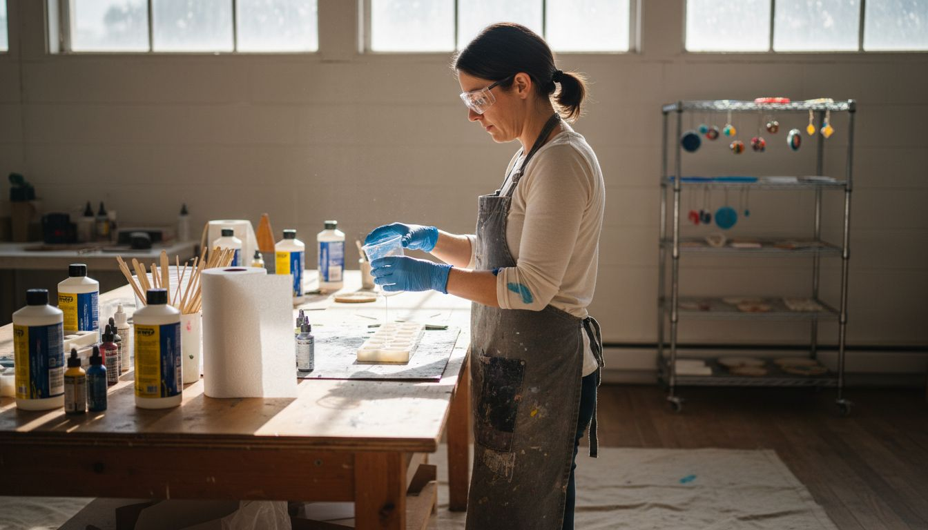 Craft artist wears safety gear for resin art