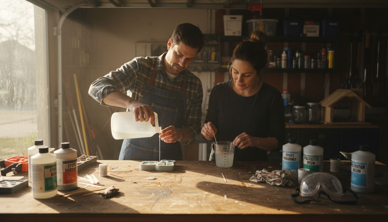 Two artisans compare epoxy and polyester resin at workbench