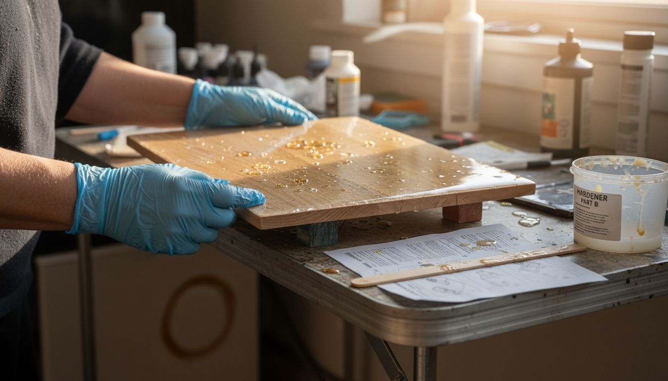 Hands applying epoxy resin to wood in workspace