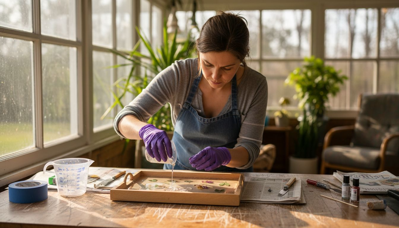 Craftsperson pouring epoxy resin onto wooden tray