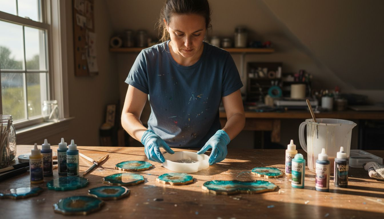 Artist arranging resin molds in attic studio