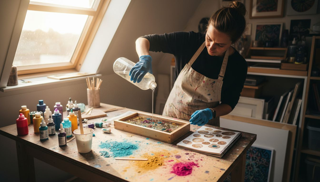 Artist pouring resin in cluttered studio
