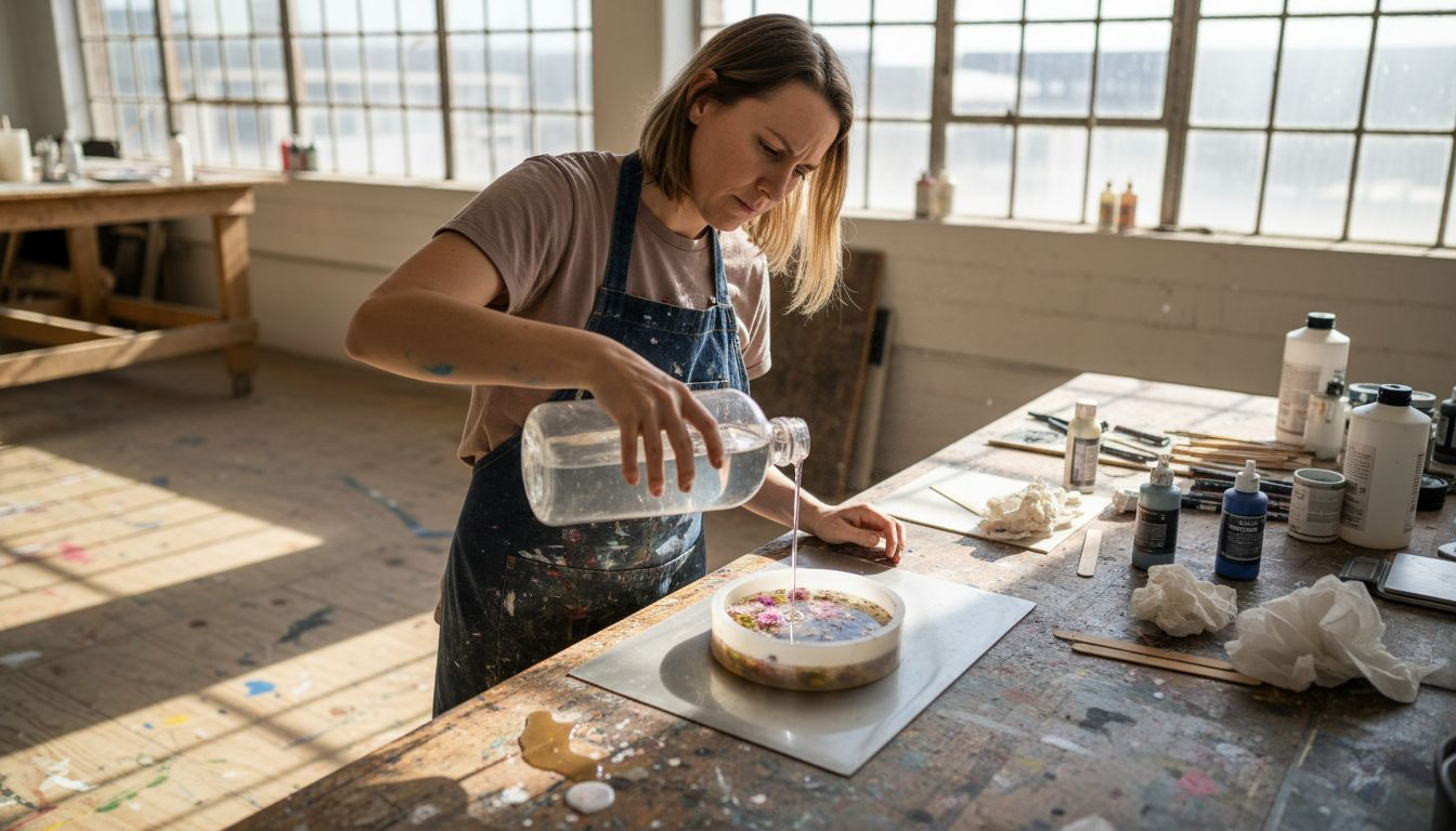 Artist pouring resin in bright studio workspace