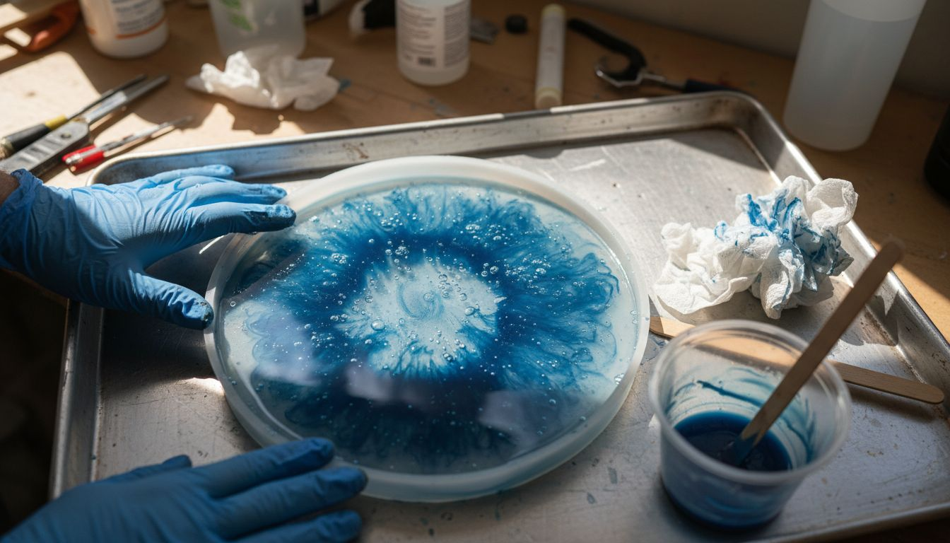 Close-up epoxy resin curing in mold
