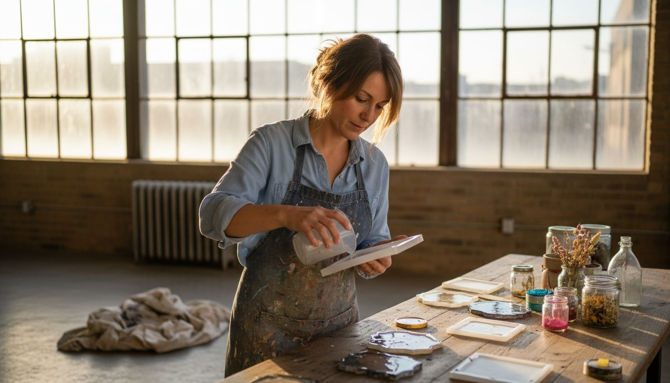 Woman pouring epoxy resin at home table