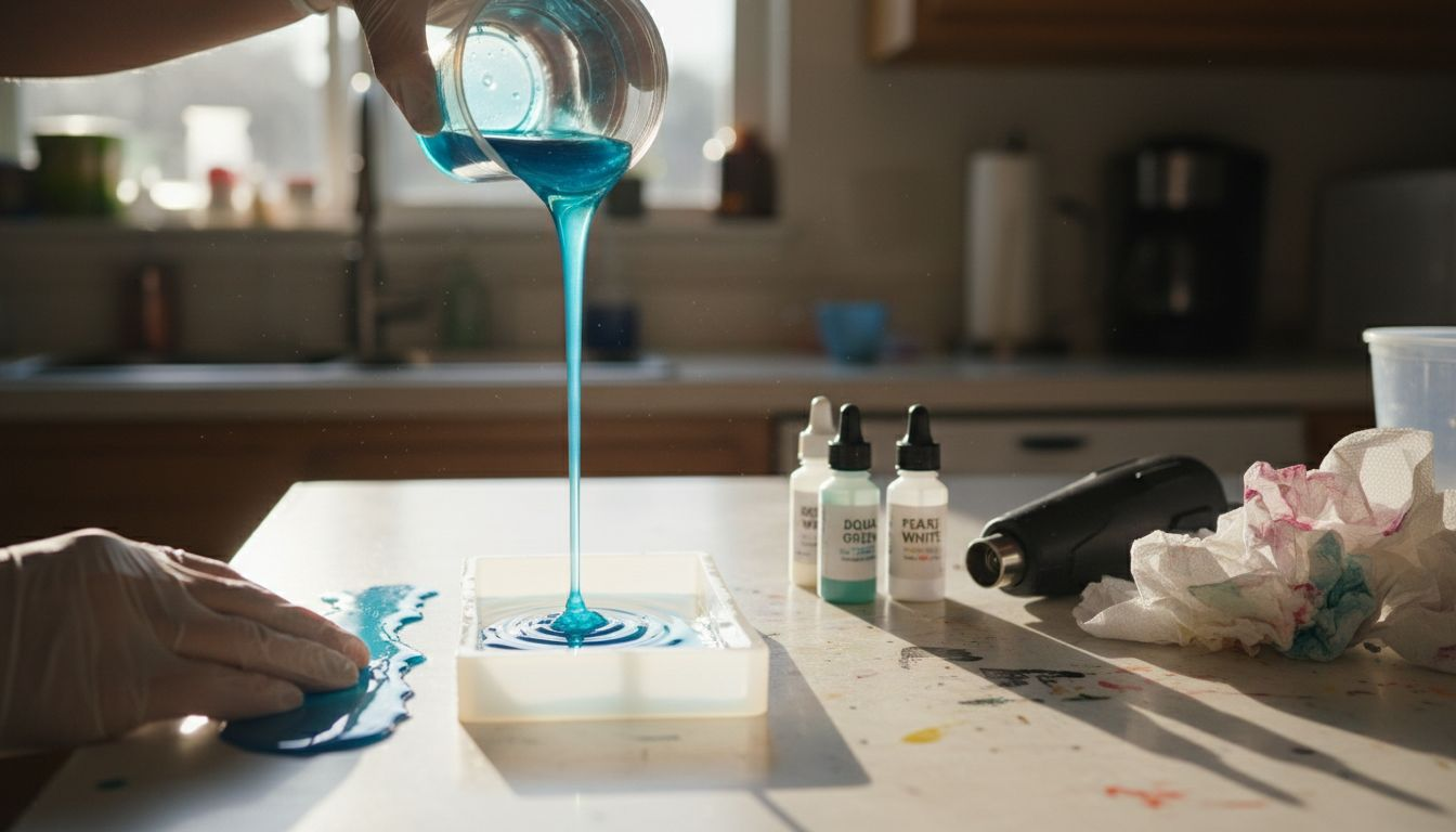 Gloved hands pouring resin in mold close-up