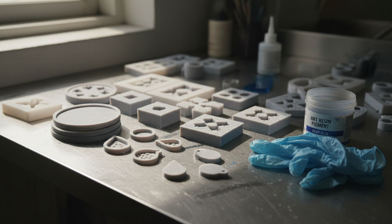 Array of silicone molds in craft workspace