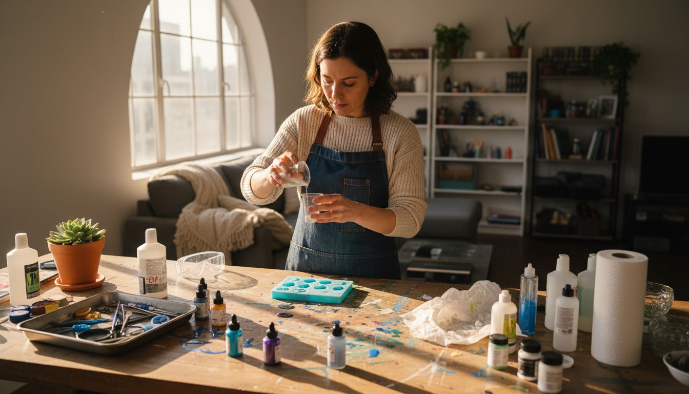 Crafter pouring resin jewelry in sunlit studio