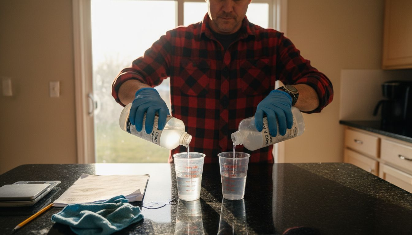 Person measuring epoxy resin with cups and scale
