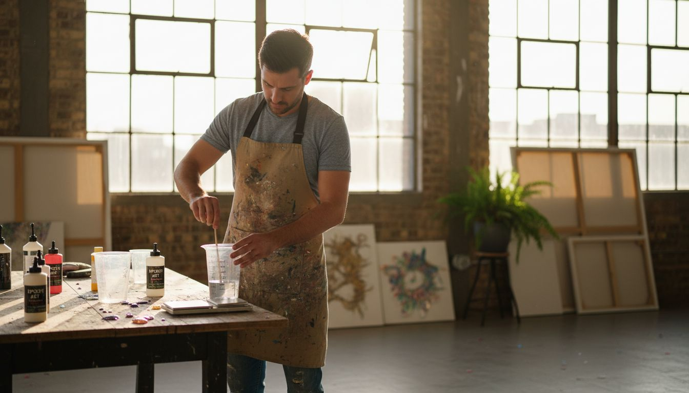 Artist mixing epoxy resin in sunny loft