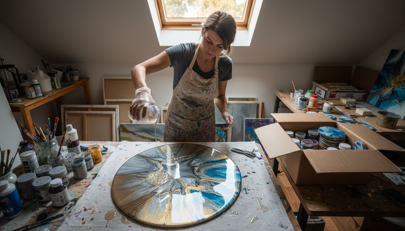 Artist pouring epoxy resin in studio