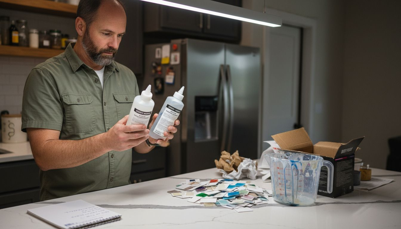 Man comparing bottles of epoxy resin