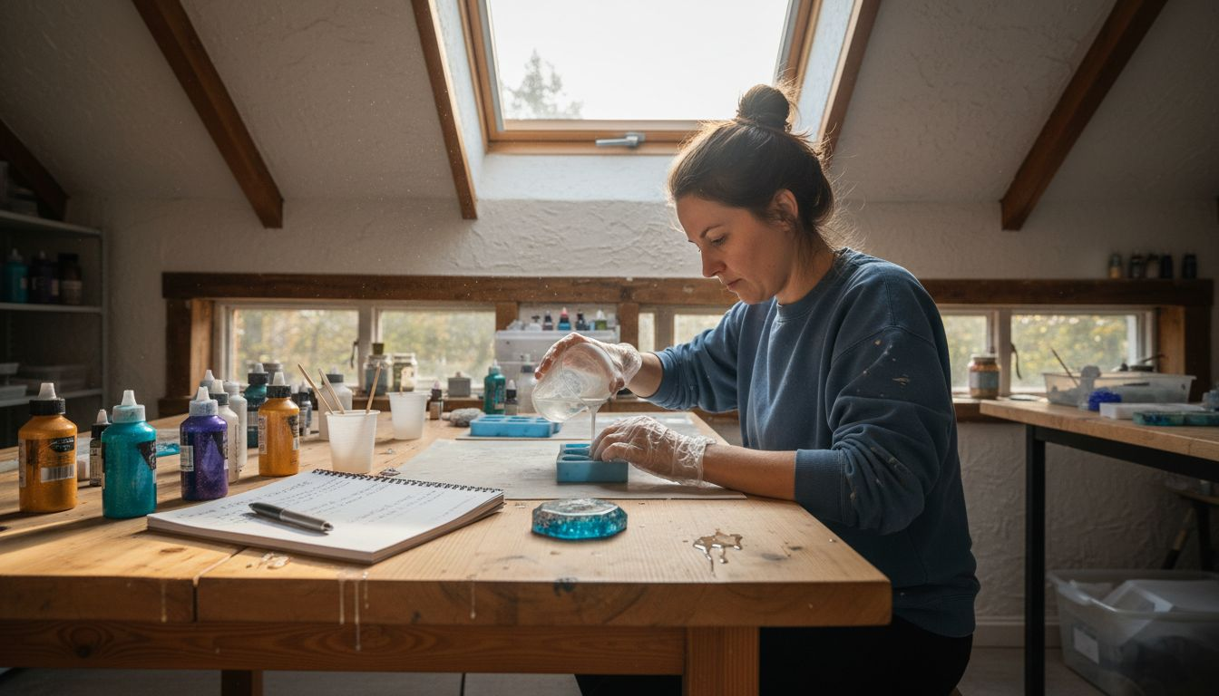 Resin artist pouring epoxy in attic studio