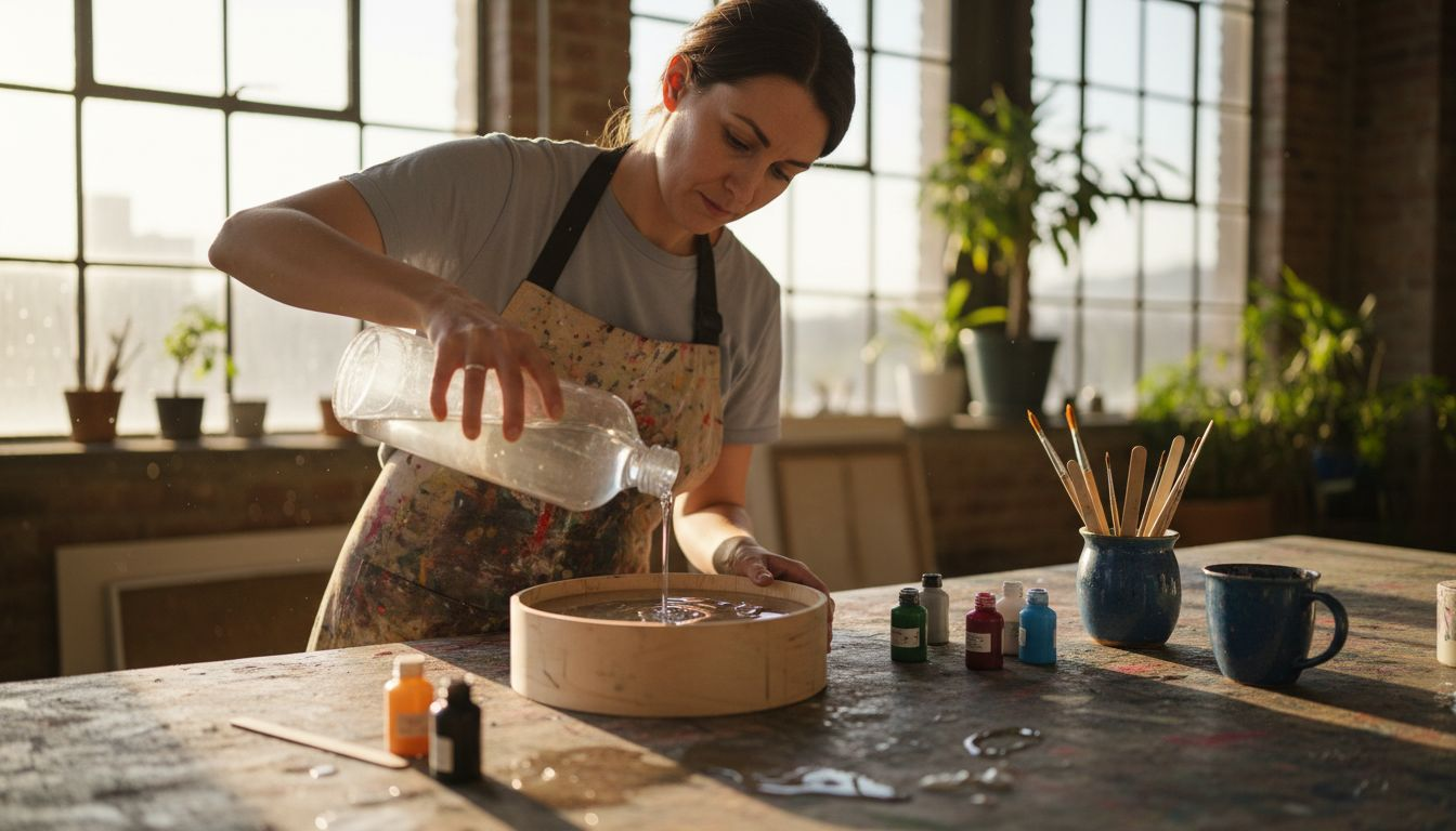 Artist pouring resin in sunlit urban studio