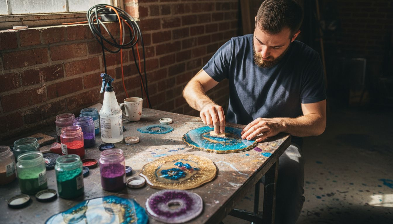 Artist layering colored resin on art piece