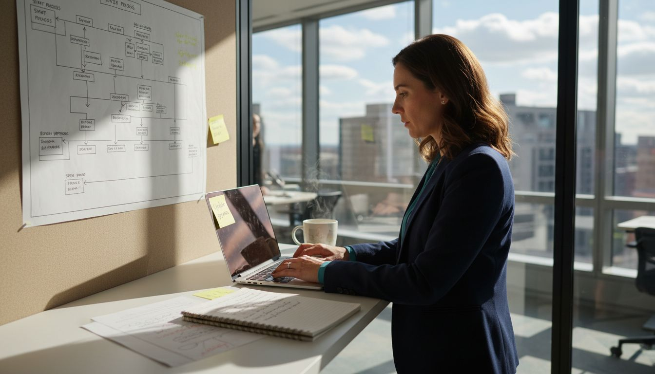 Manager documenting process improvements at desk