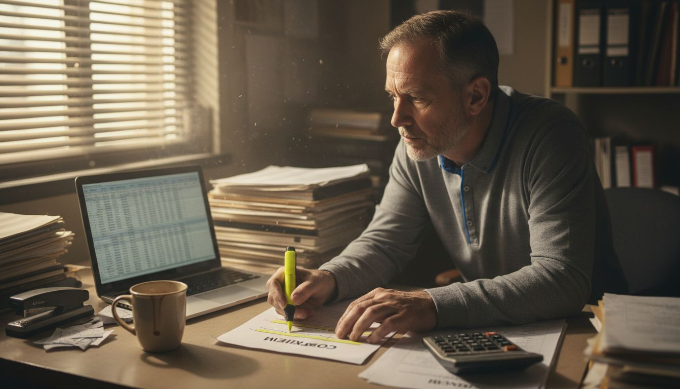 Manager reviews costs in cluttered office