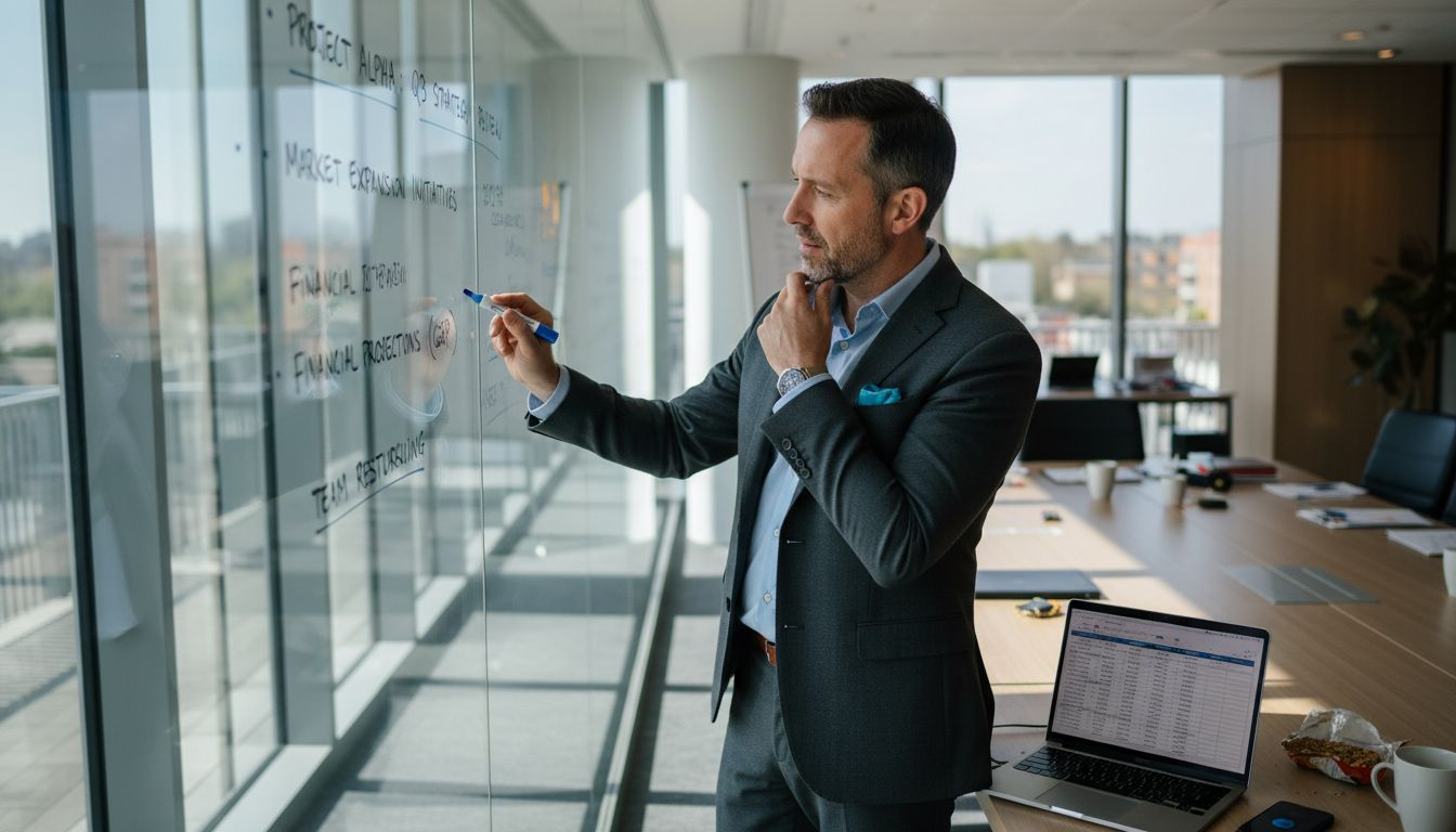 Entrepreneur absorbed in whiteboard session with coach
