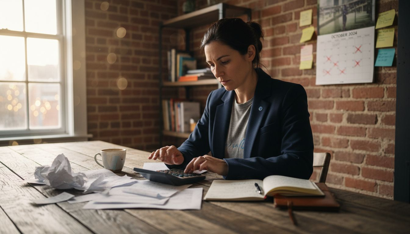 Business owner reviewing finances with papers