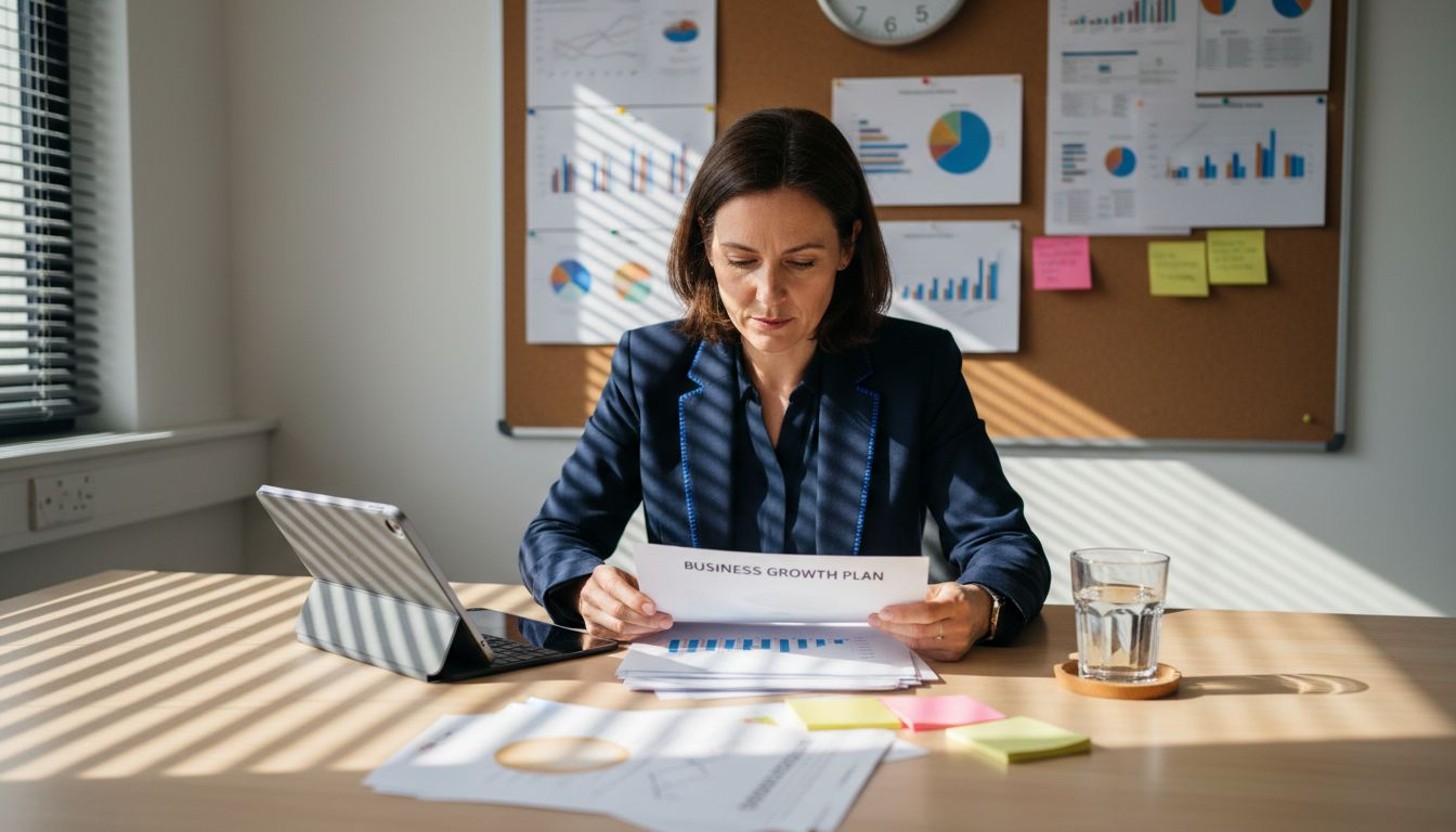 Owner reading growth strategy paperwork