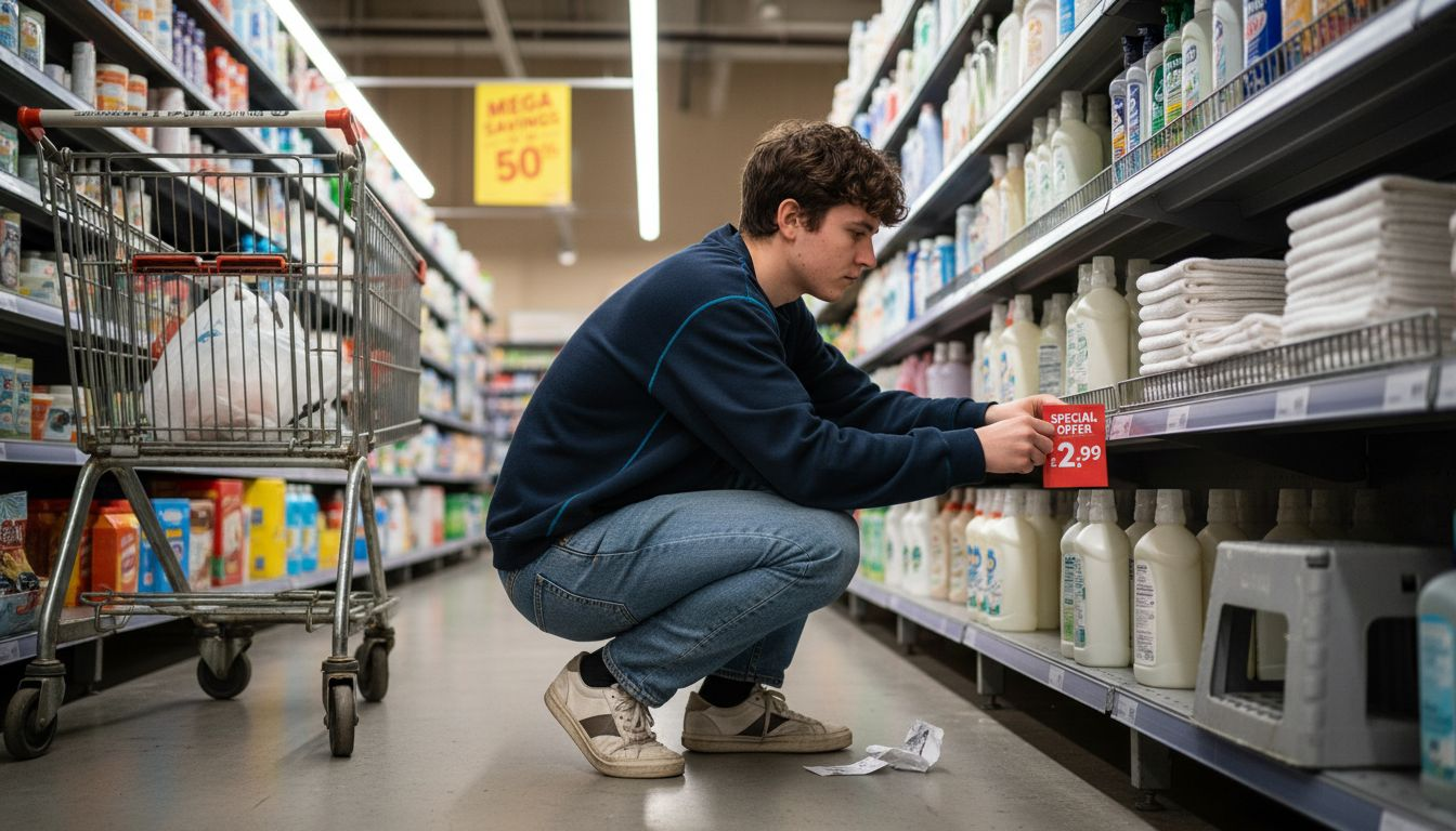 Retail worker updates product shelf pricing