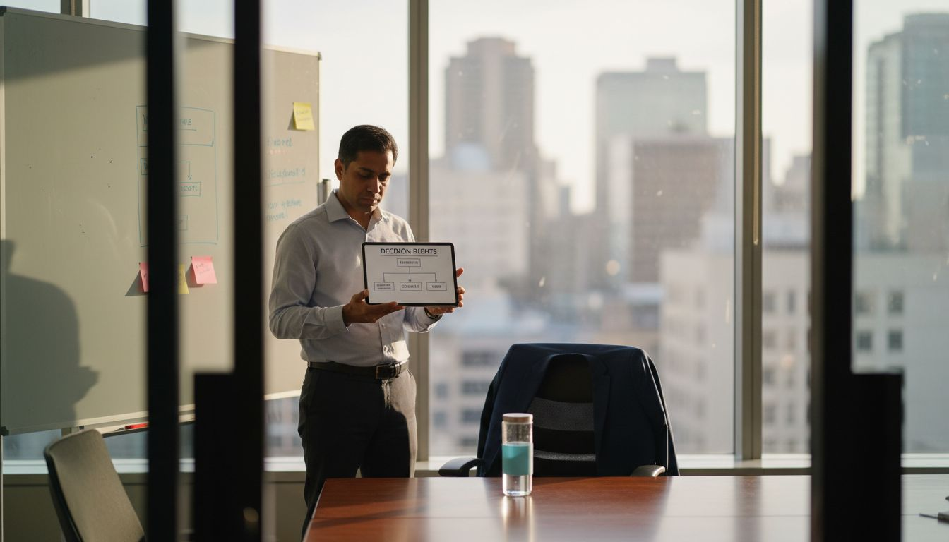 Manager reviews business decision process