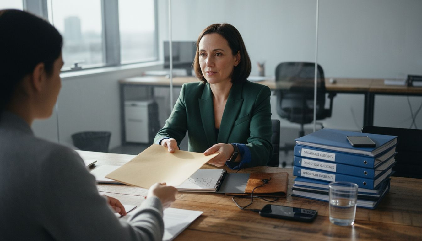 Entrepreneur delegating to assistant in office