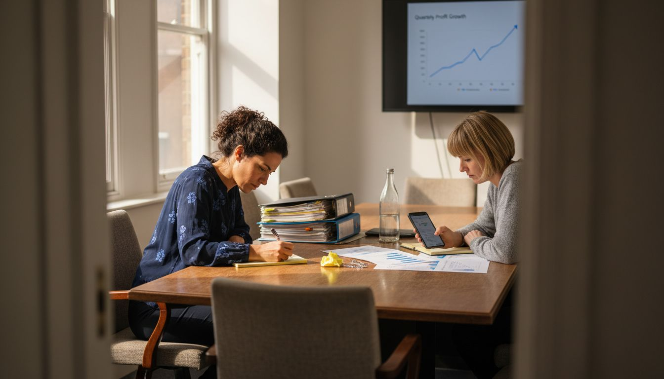Team discussing profit growth chart