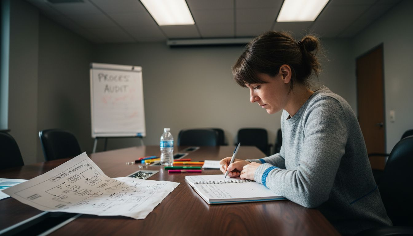 Process audit scene with scattered documents