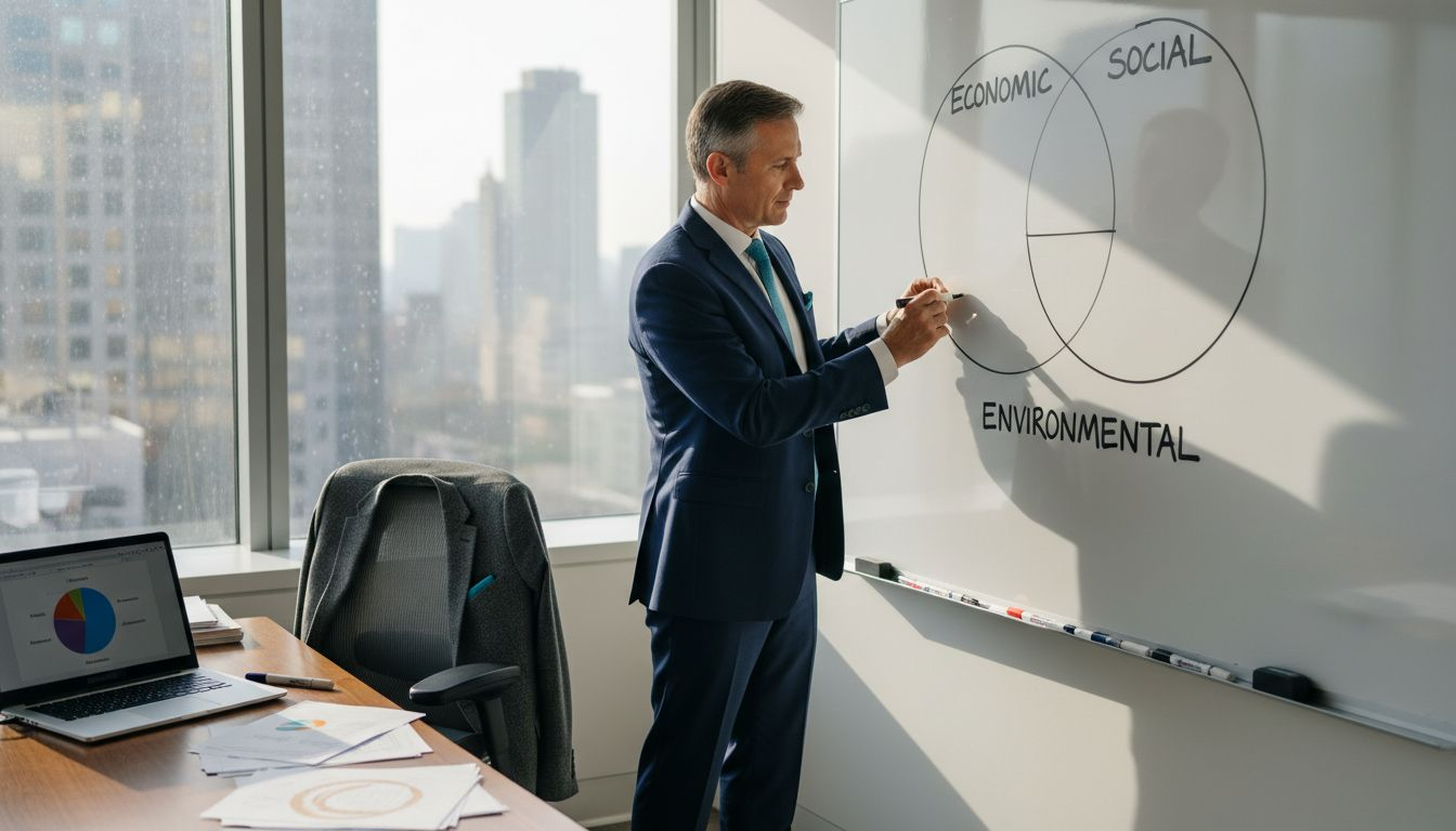 Executive illustrating three aspects of sustainability