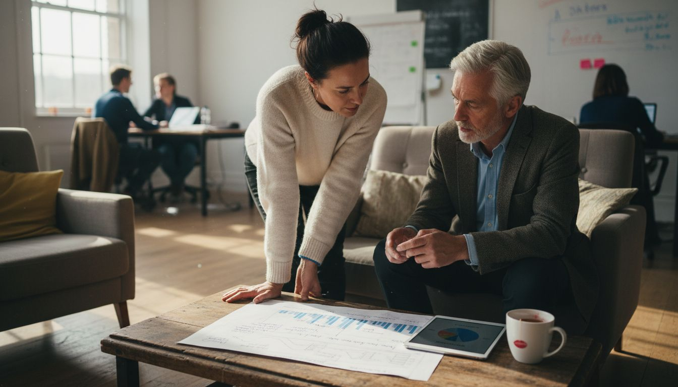 Entrepreneur and mentor reviewing strategy documents