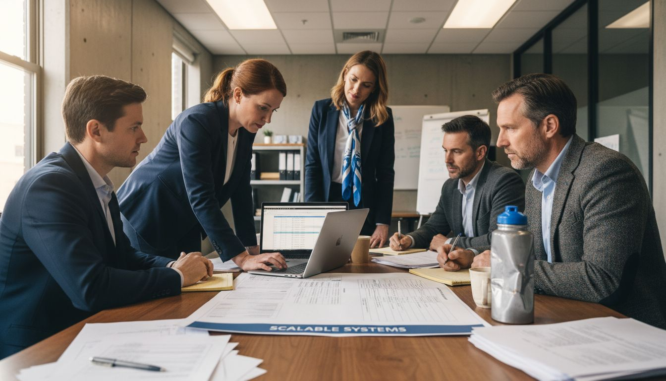 Team analyzing scalable workflow in meeting