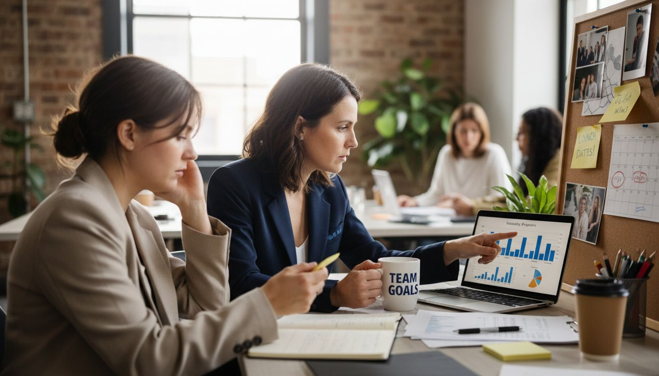 Coach and leader reviewing progress charts