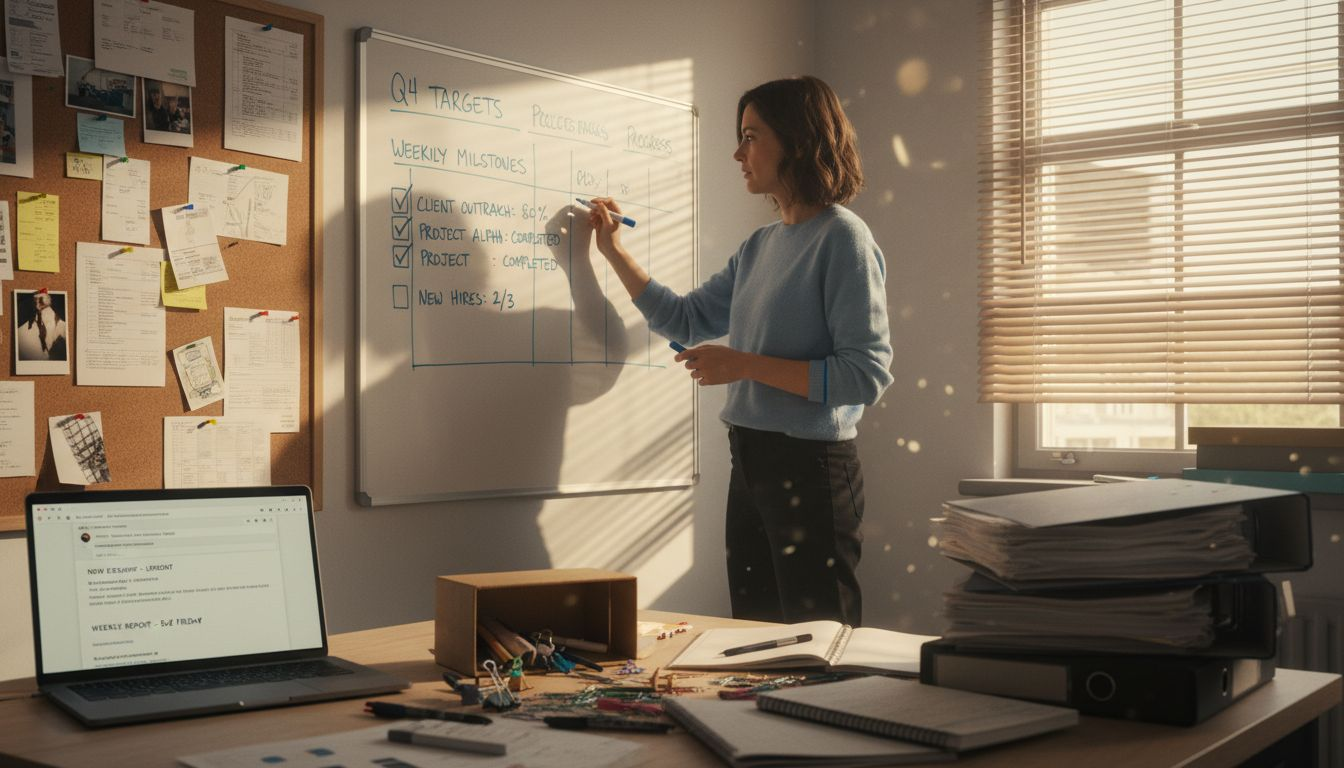 Business owner tracks leadership progress on whiteboard