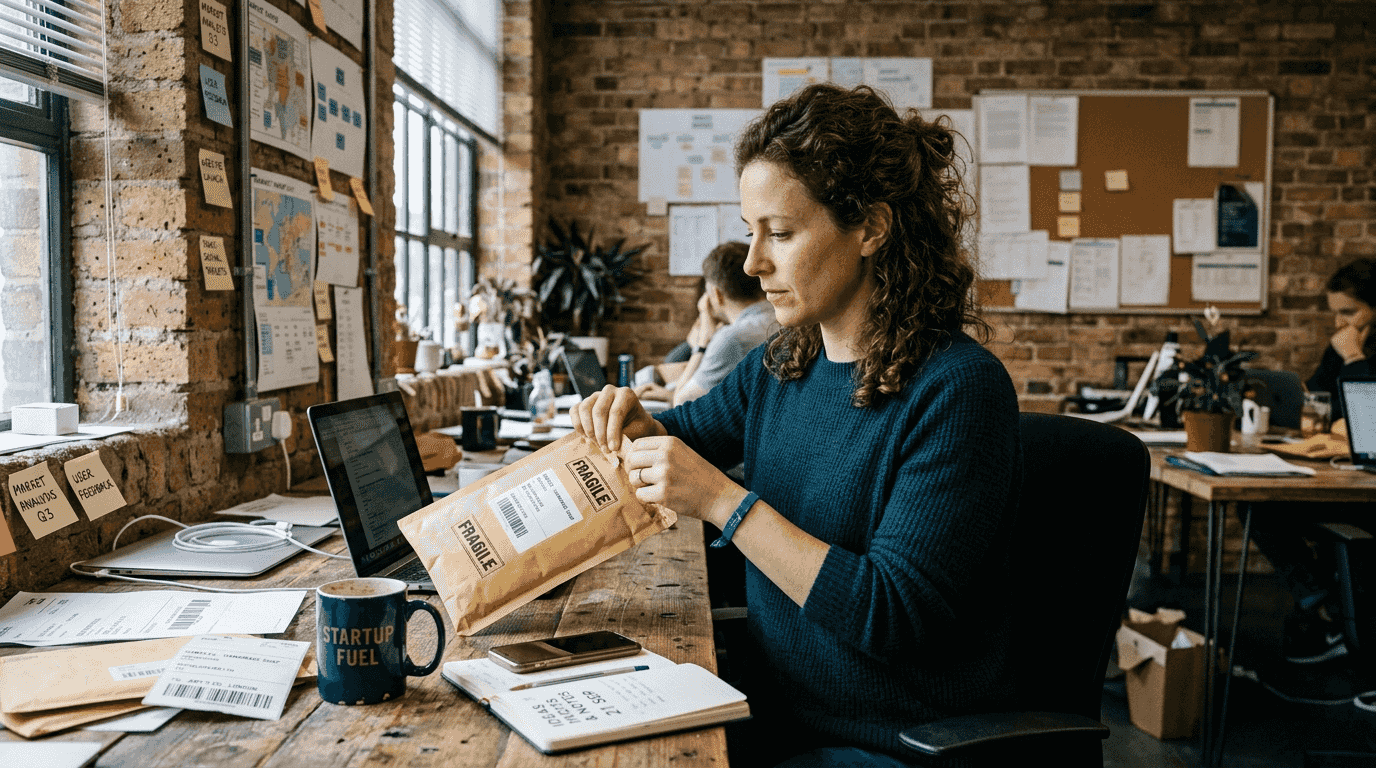 Entrepreneur examines new product samples workspace