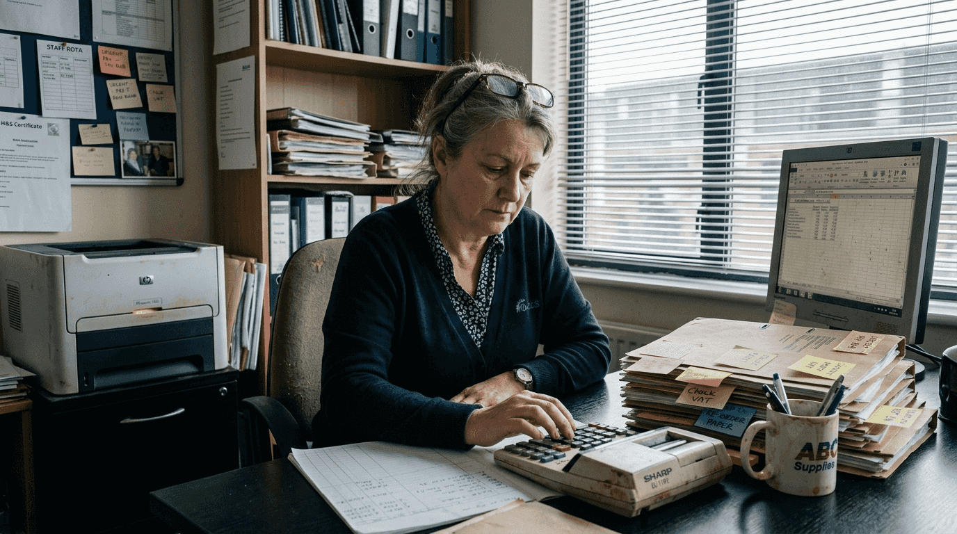 Manager reviews financial records at desk