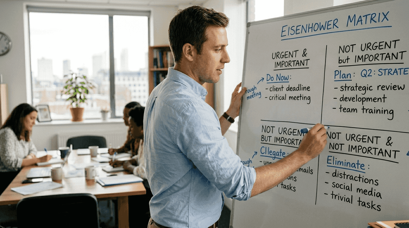 Manager explains Eisenhower Matrix on whiteboard