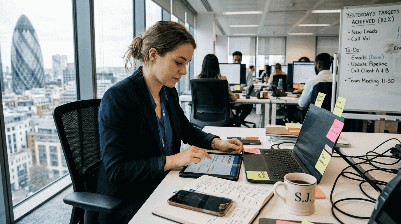 Sales team member uses CRM in office