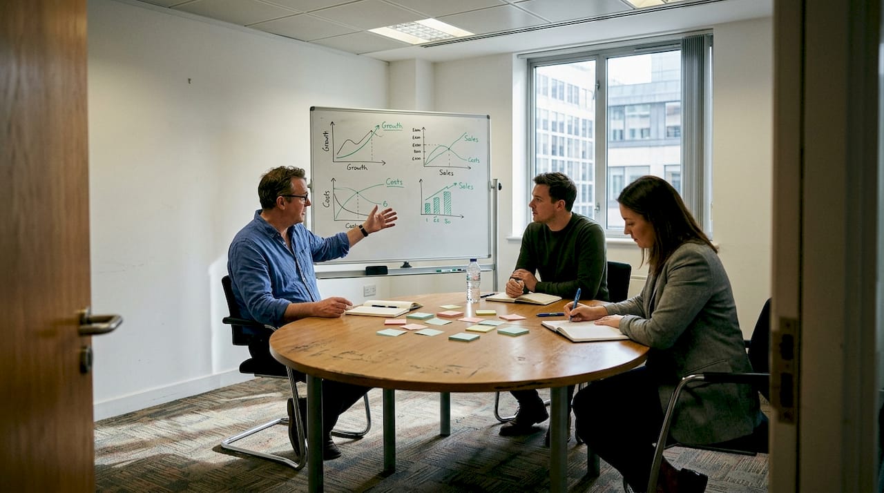 Team discussing strategies at conference table